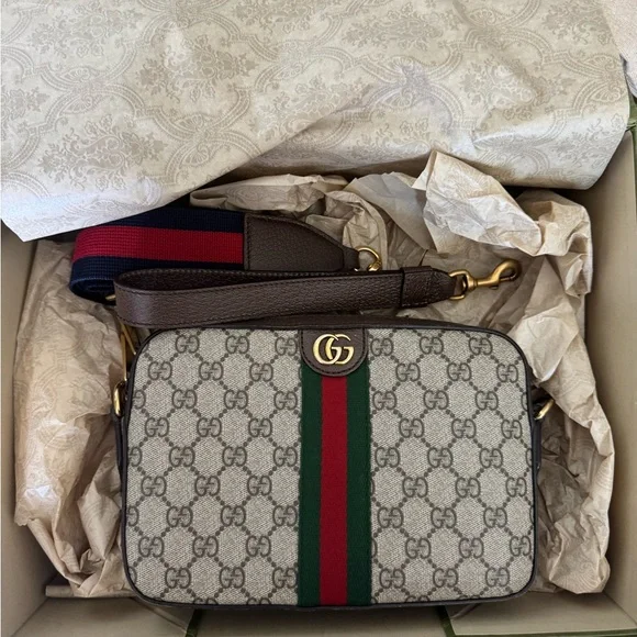 Gucci Bags Gucci Beige Crossbody Bag With Red And Green Stripe